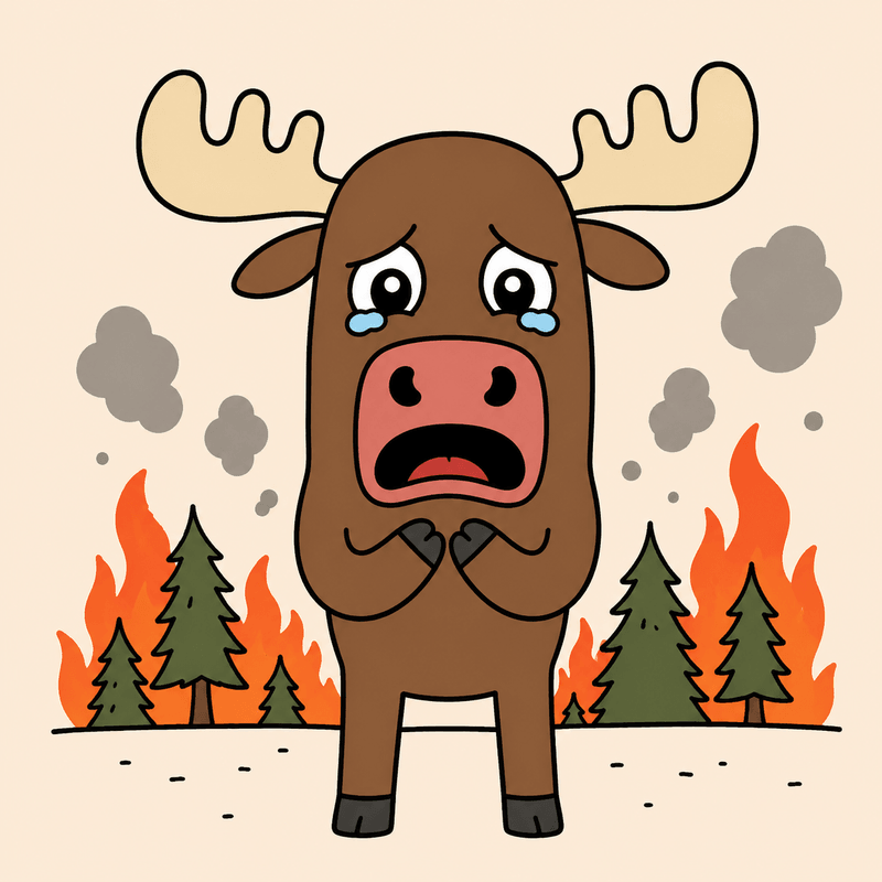Smoose standing in front of a burning forest